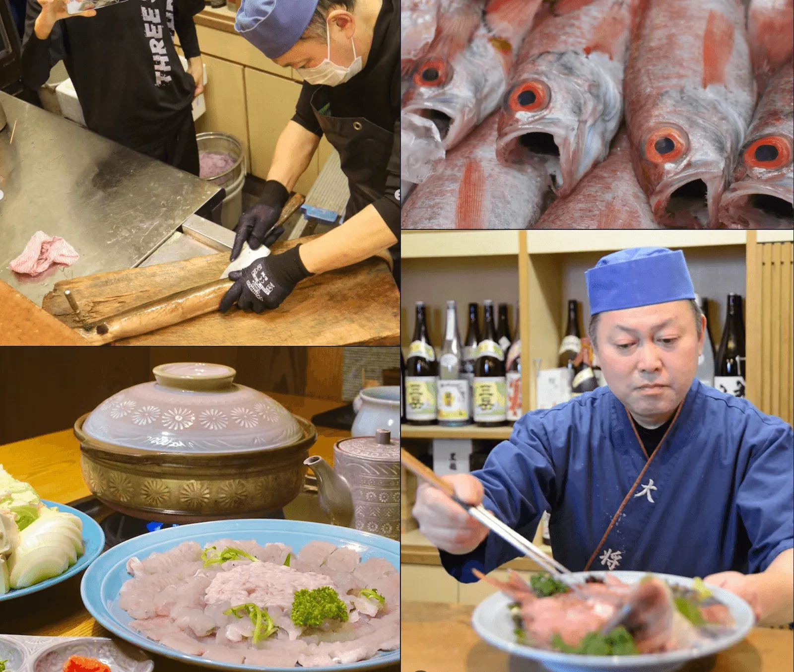 大将の店内で魚をさばく職人と、店頭に並ぶ鮮魚